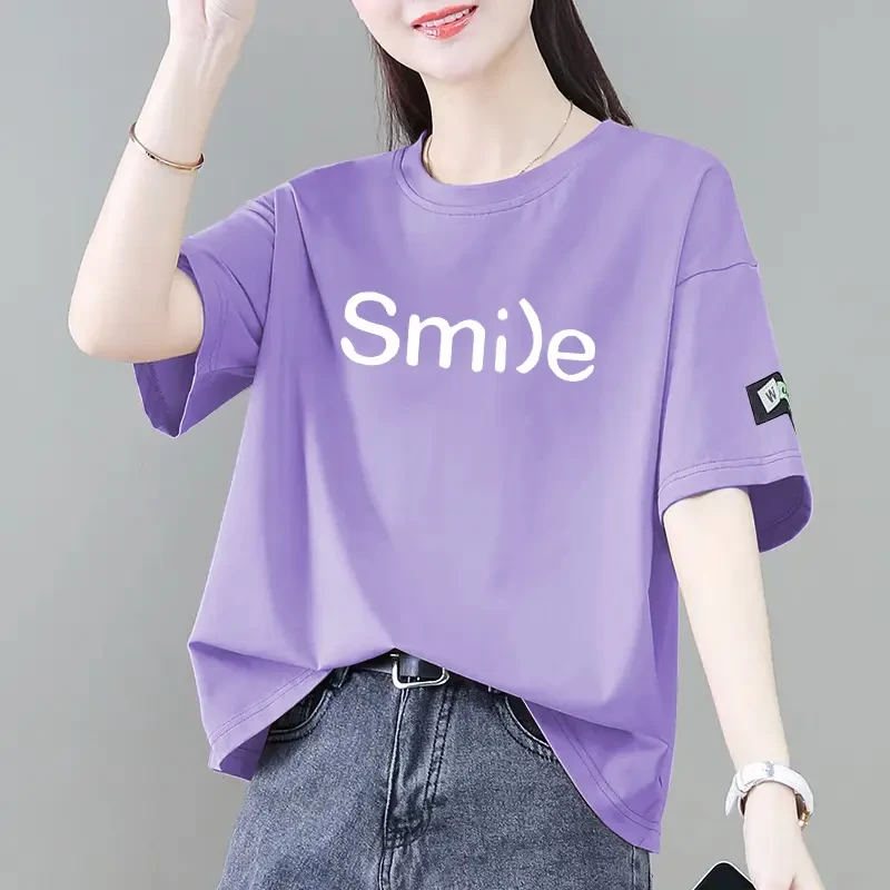 100%纯棉短袖t恤女2025夏季爆款新款韩版宽松显瘦减龄圆领上衣ins