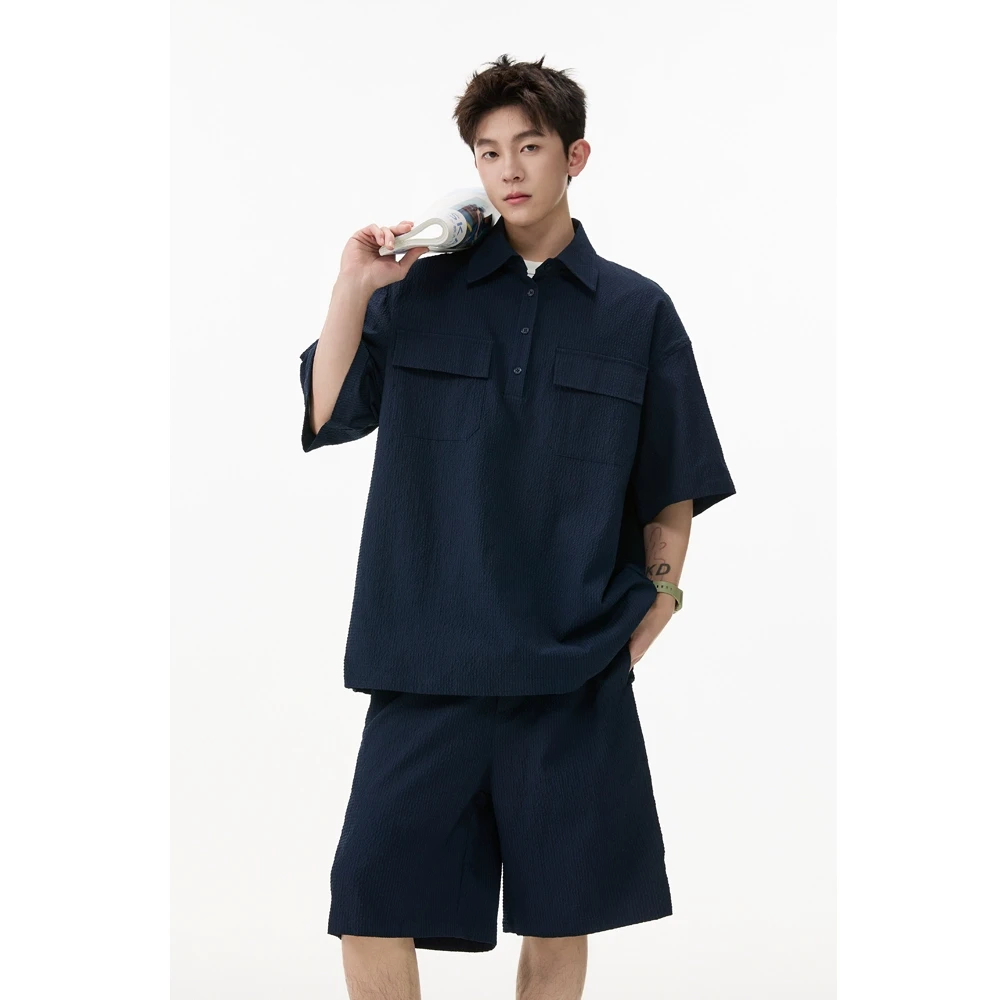 韩系慵懒风一整套穿搭男款夏季polo衫短裤藏青高级感情侣两件套装