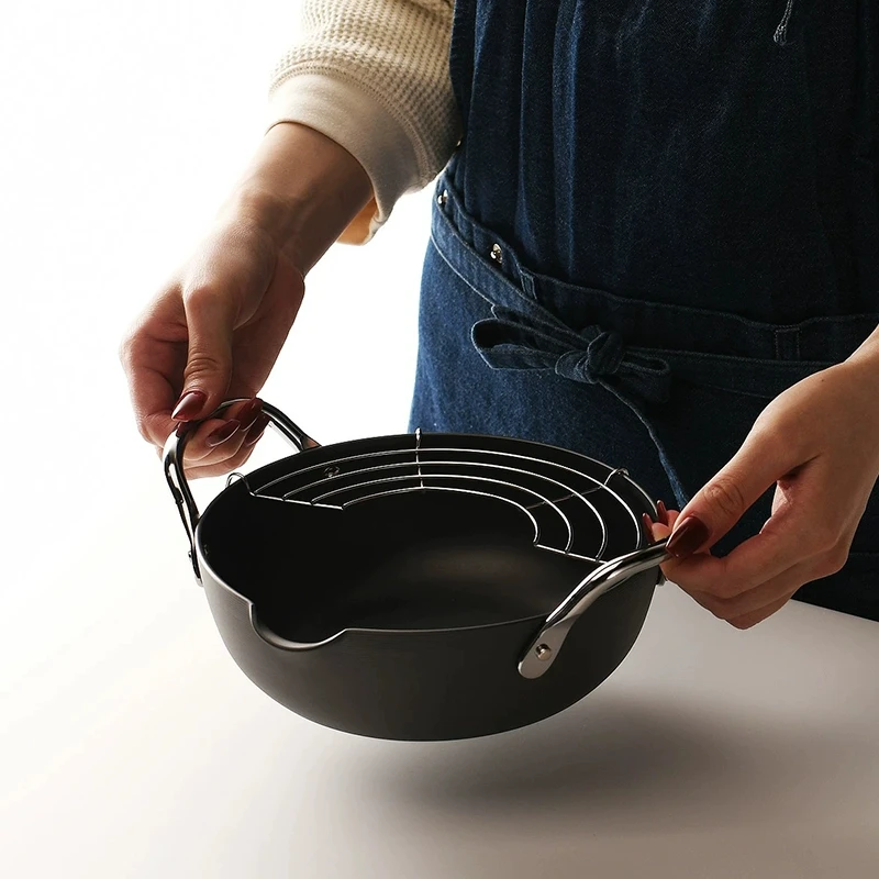 日本原装进口铁制油炸锅窒化铁氮化无涂层带沥油网不易生锈