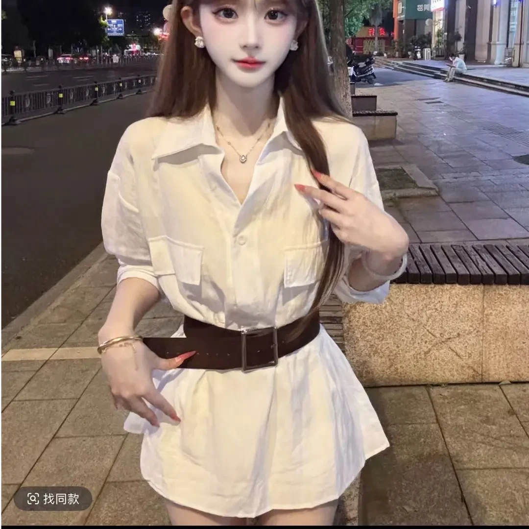 v领2025新款早秋配腰带慵懒风纯棉衬衫别致女小众衬衣长袖宽松