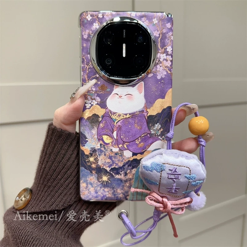 适用华为mateX6折叠屏手机壳MateX5典藏版紫色皮质matex3华服猫咪