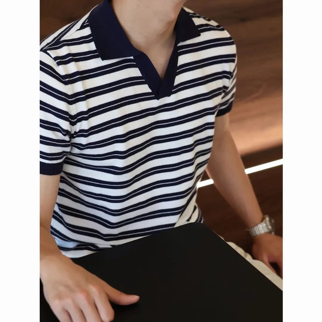 夏季美式ins简约海鸥V领条纹休闲翻领针织刺绣polo衫短袖T恤男士