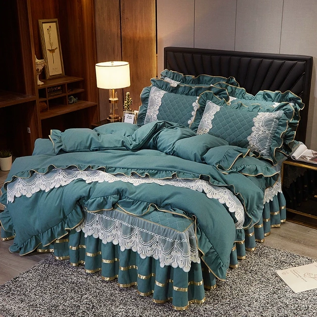 欧式床裙四件套色织磨毛纯色床罩公主风蕾丝花边被套双人床上用品