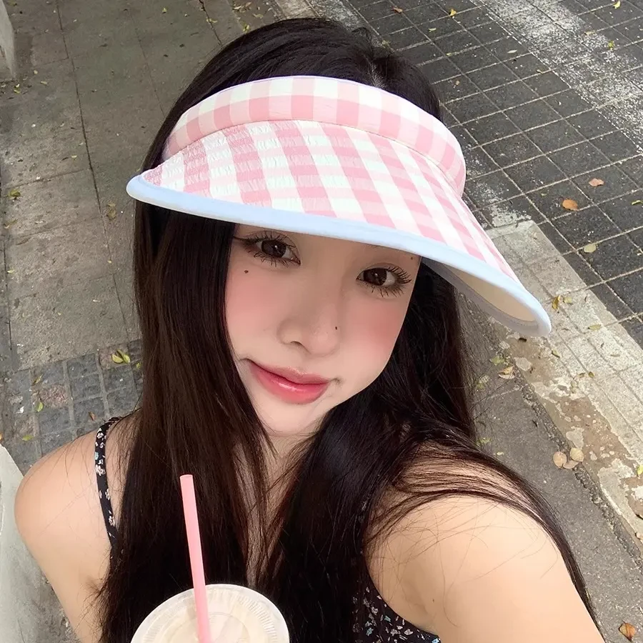 韩版多巴胺撞色格子空顶帽大帽檐透气户外防晒遮阳帽可爱太阳帽夏