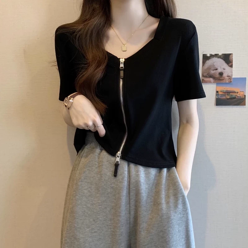 黑色方领百搭短袖T恤女大码打底衫夏胖mm显瘦遮肚子正肩短款上衣