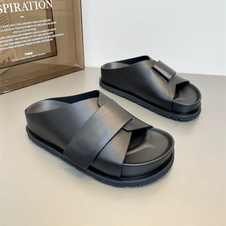 欧货2025夏季新款魔术贴舒适休闲厚底羊皮一字拖女外穿度假凉拖鞋