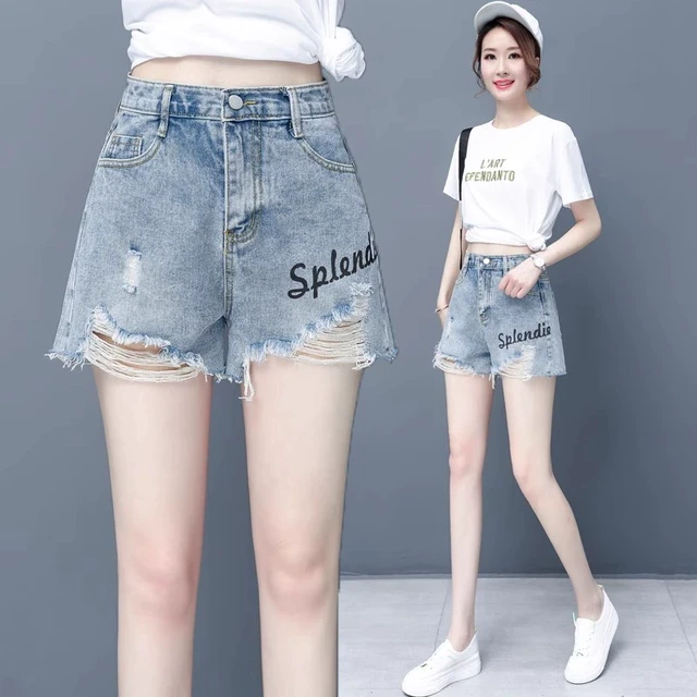 2025夏季新款牛仔短裤女韩版修身显瘦松紧高腰阔腿裤外穿刺绣热裤
