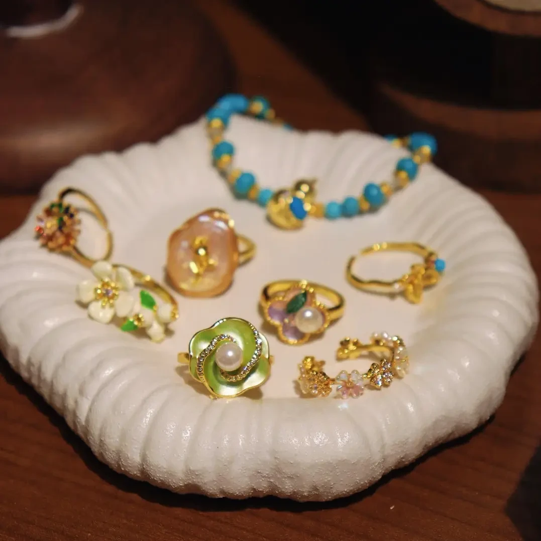 合金戒指  白色花朵造型 6-7mm珍珠指环 简约优雅气质首饰