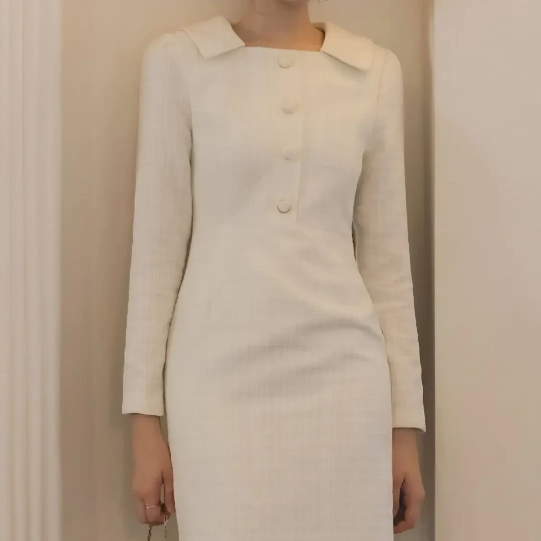 ｛미나｝法式优雅肌理感长袖连衣裙修身显瘦气质通勤中长裙