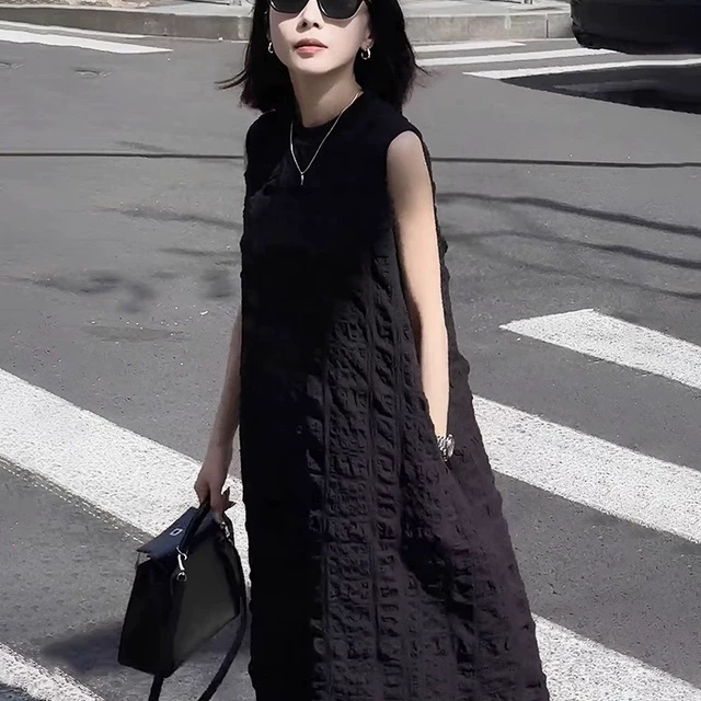 欧洲站2025新款法式赫本风黑色长裙遮肚子显瘦无袖背心连衣裙女夏