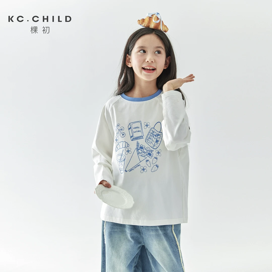 棵初25年春季新款儿童趣味插画印花长袖T恤亲子款全棉百搭上衣