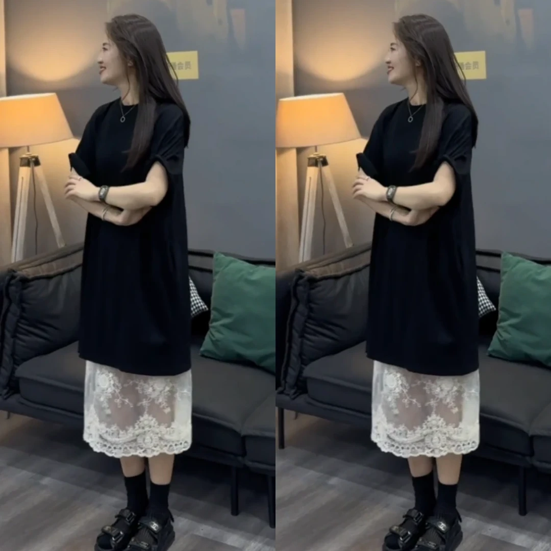 夏季欧货时尚洋气休闲T恤连衣裙配蕾丝裙两件套夏季今年流行的套