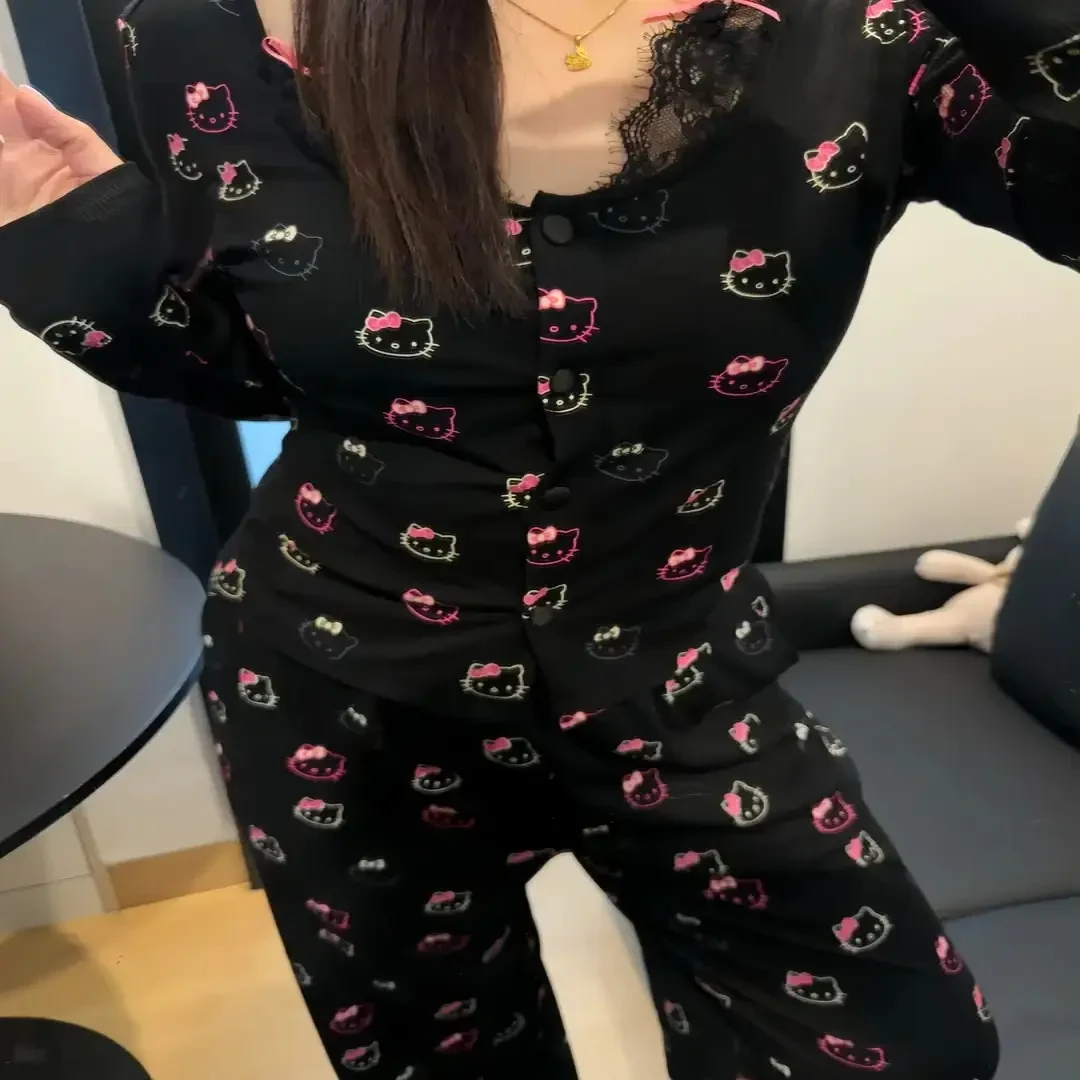 【暗黑凯蒂猫】2025年新款带胸垫甜美风睡衣卡通印花长袖家居服套装
