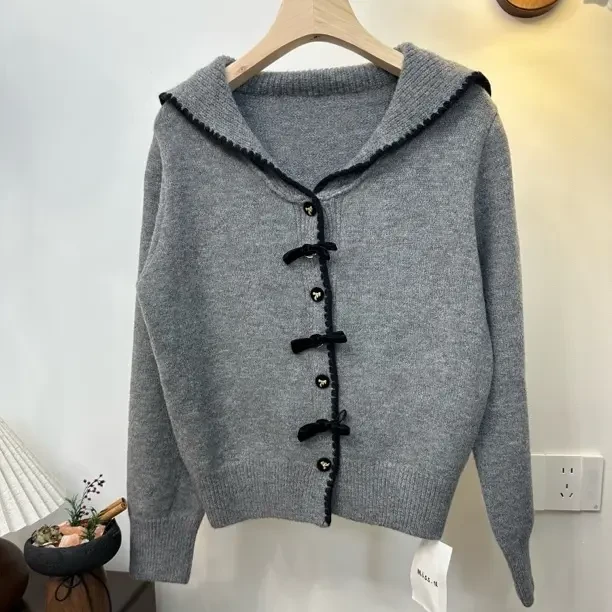 韩版慵懒风海军领针织开衫秋冬新款高级感上衣