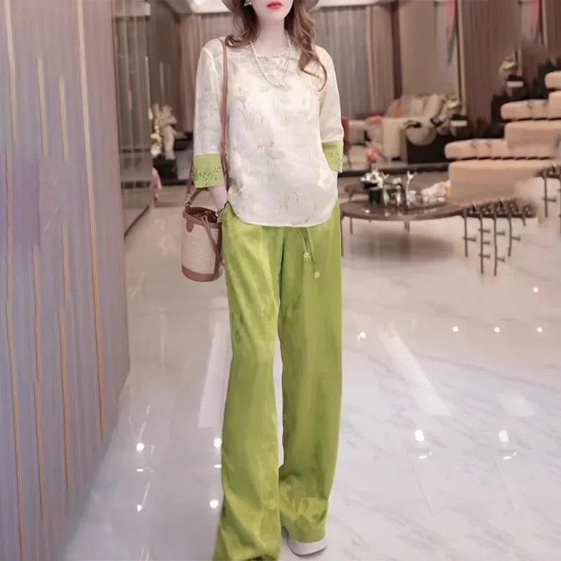 新中式提花国风套装女夏气质显瘦七分袖衬衫上衣阔腿裤时尚两件套