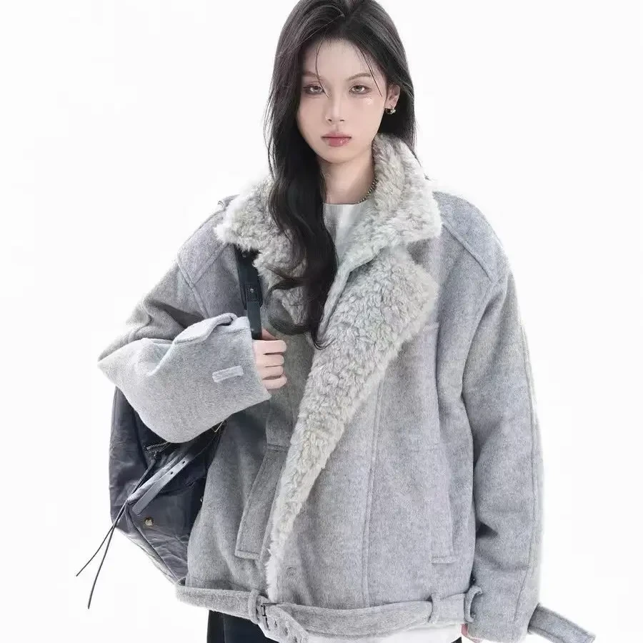 羊毛翻领夹棉高领呢子外套女秋冬保暖百搭外套休闲宽松