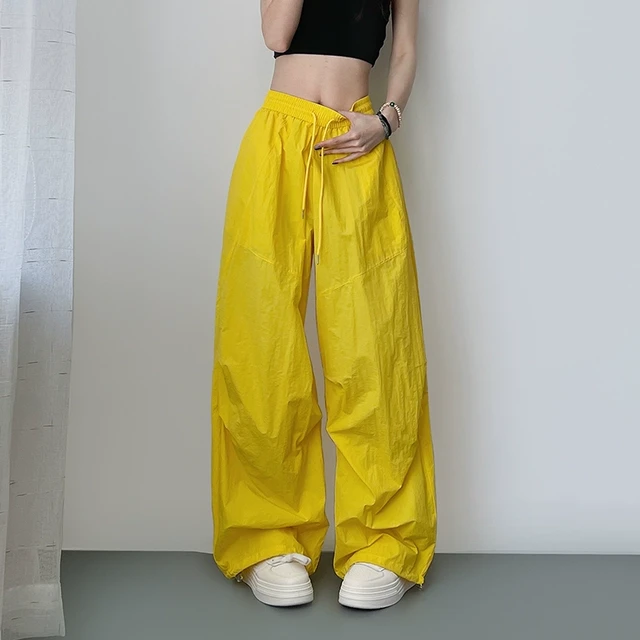 大码黄色夏季多巴胺冰丝休闲裤女胖mm显瘦跳舞运动防晒速干阔腿裤