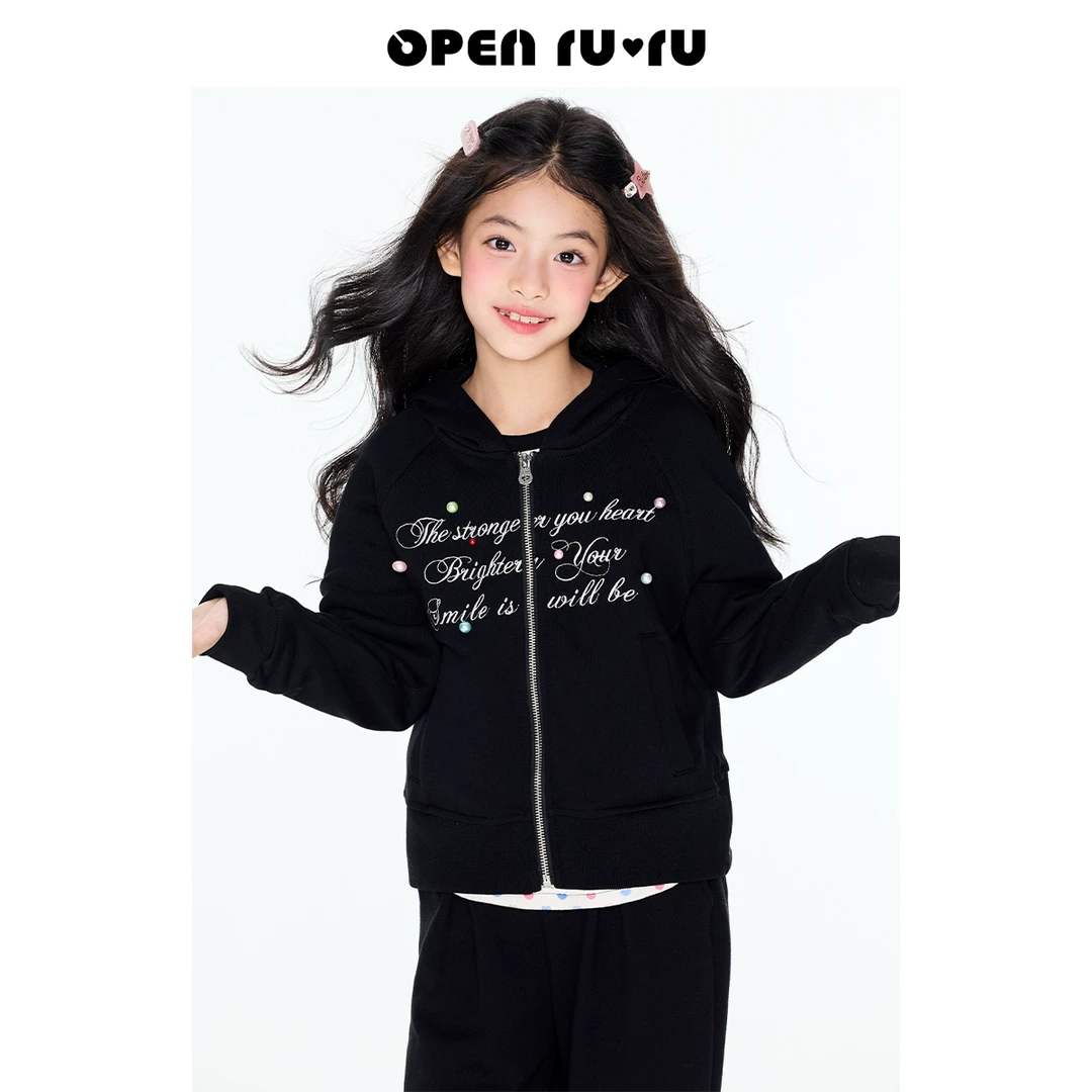 Opennunu女童连帽卫衣套装2025春季钉珠刺绣短款上衣休闲直筒裤