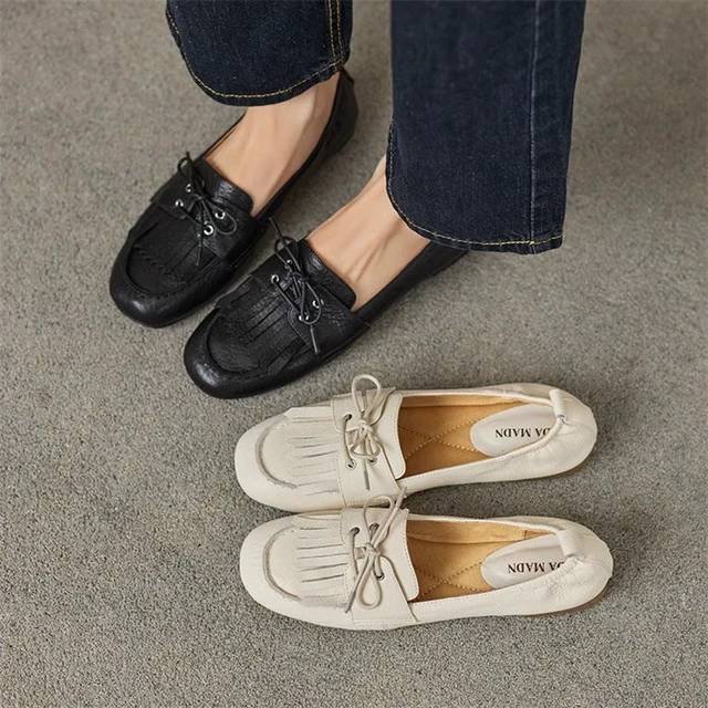 春秋真皮软底乐福鞋女平底休闲豆豆鞋流苏单鞋舒适小白鞋系带女鞋