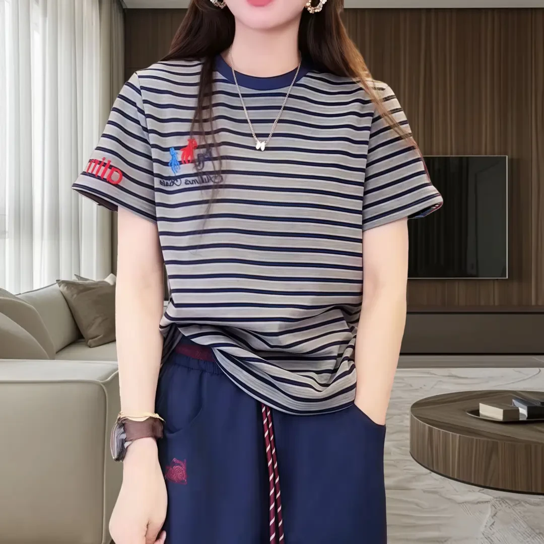 2025春夏新款百搭时尚短袖T恤爆款简约显瘦上衣刺绣韩版条纹打底
