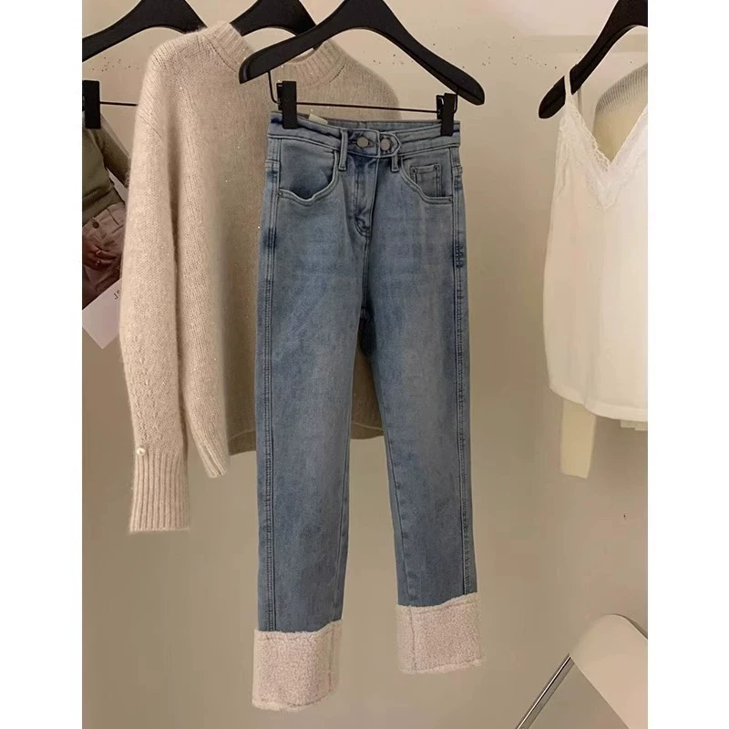 蓝色复古显瘦加绒加厚裤子女春秋2025爆款高腰显瘦烟管直筒牛仔裤
