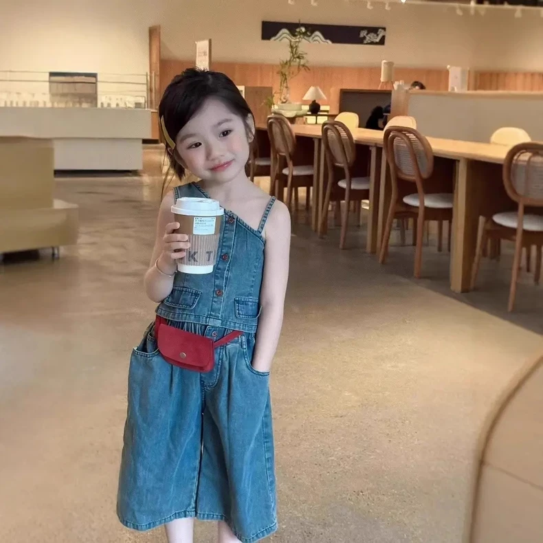 童装2025夏季女童牛仔吊带阔腿裤套装女宝宝时尚背心裤子两件套潮