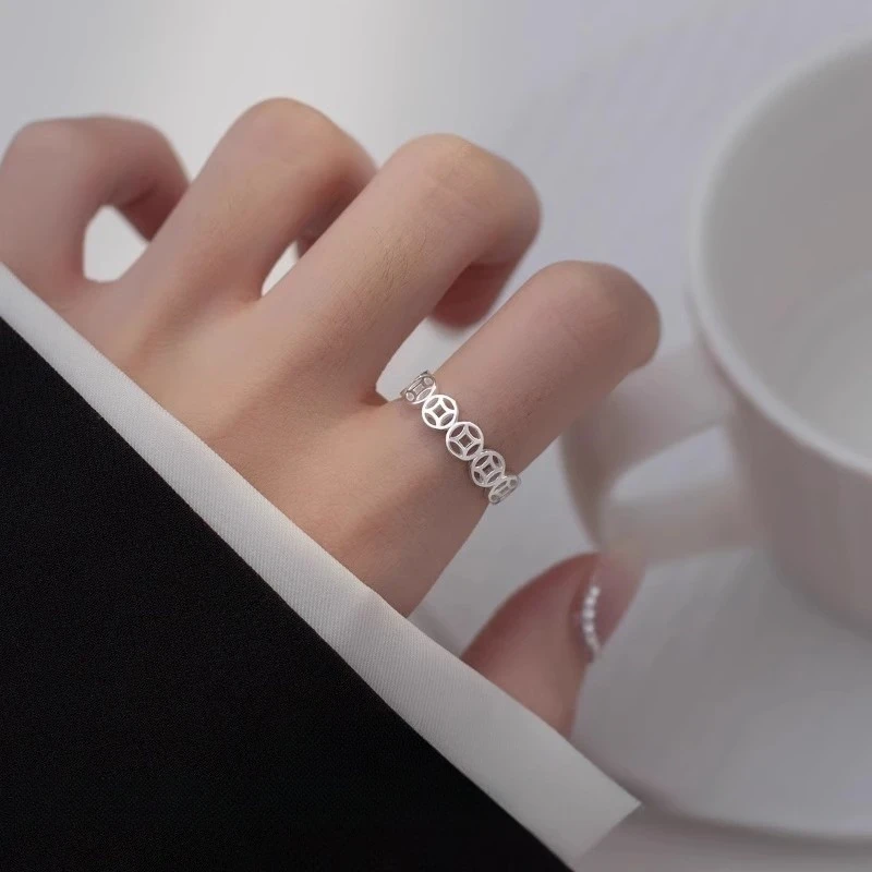 足银戒指 999纯银钱币戒指女小众轻奢设计感素圈开口食指环送女友