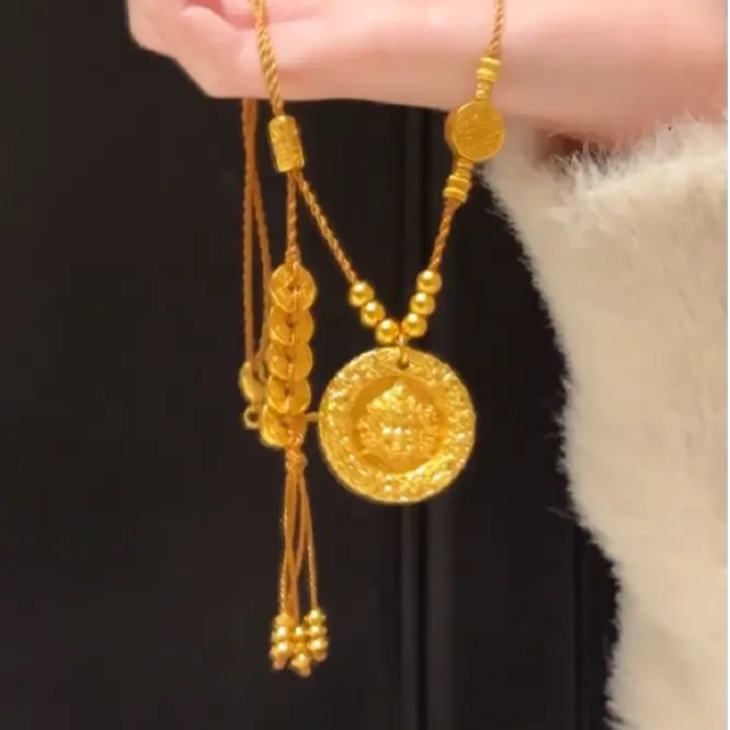 铜合金项链 本命年实心黄财神吊坠五帝钱编绳高级感项链送礼物