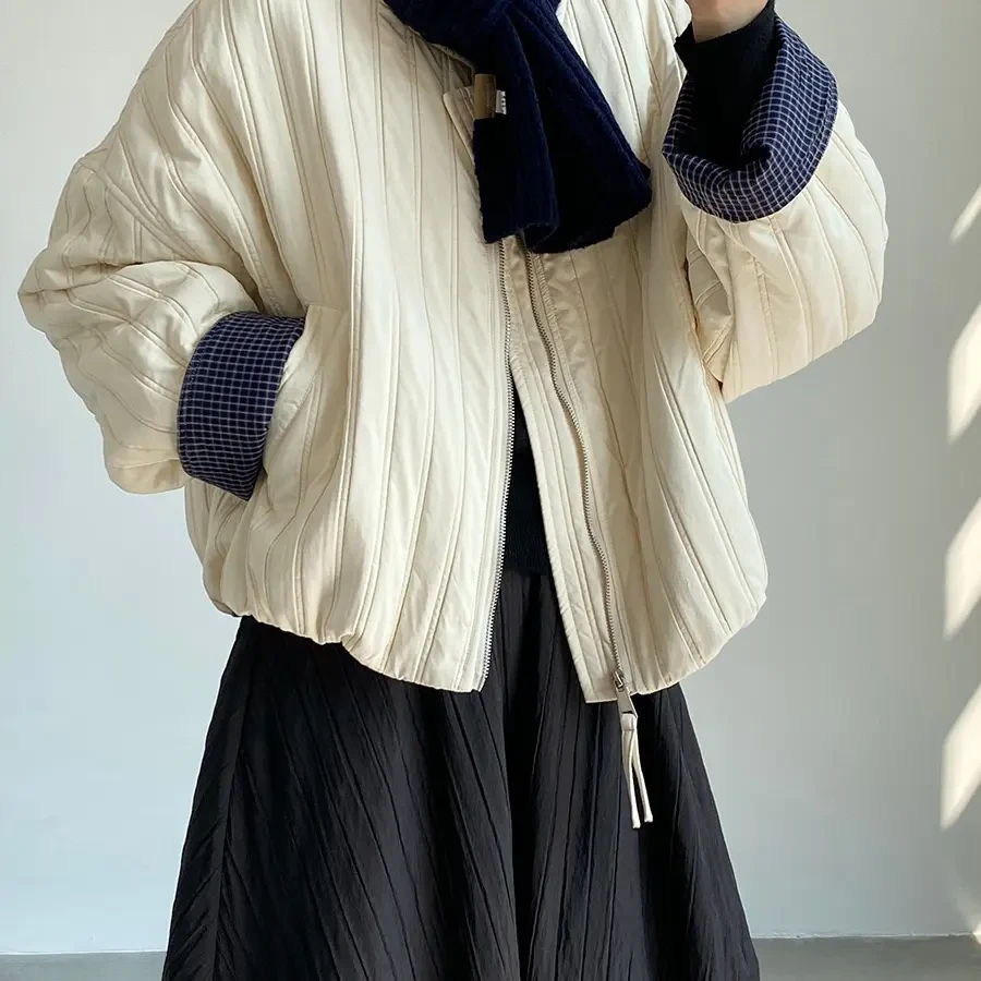 韩系时尚撞色格子棉服女秋冬新款宽松加厚短款休闲夹克外套百搭