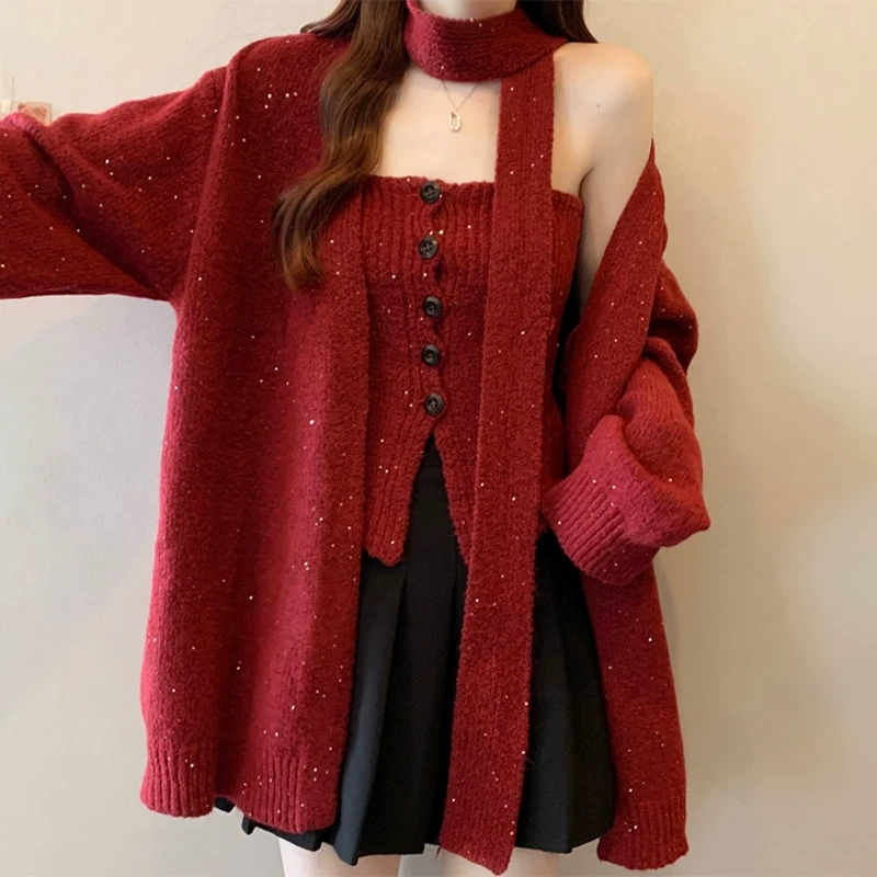 微胖妹妹大码2025春季新款针织毛衣外套套装女飘带挂脖亮闪闪背心