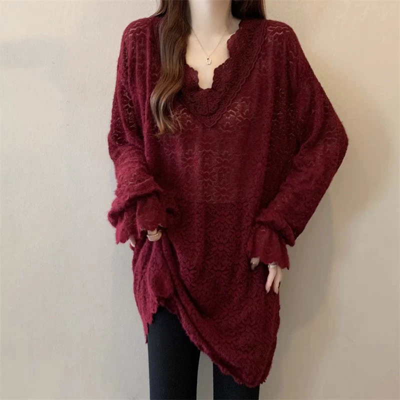 微胖妹妹大码2025春季新款蕾丝V领长袖t恤女款内搭中长款打底衫潮