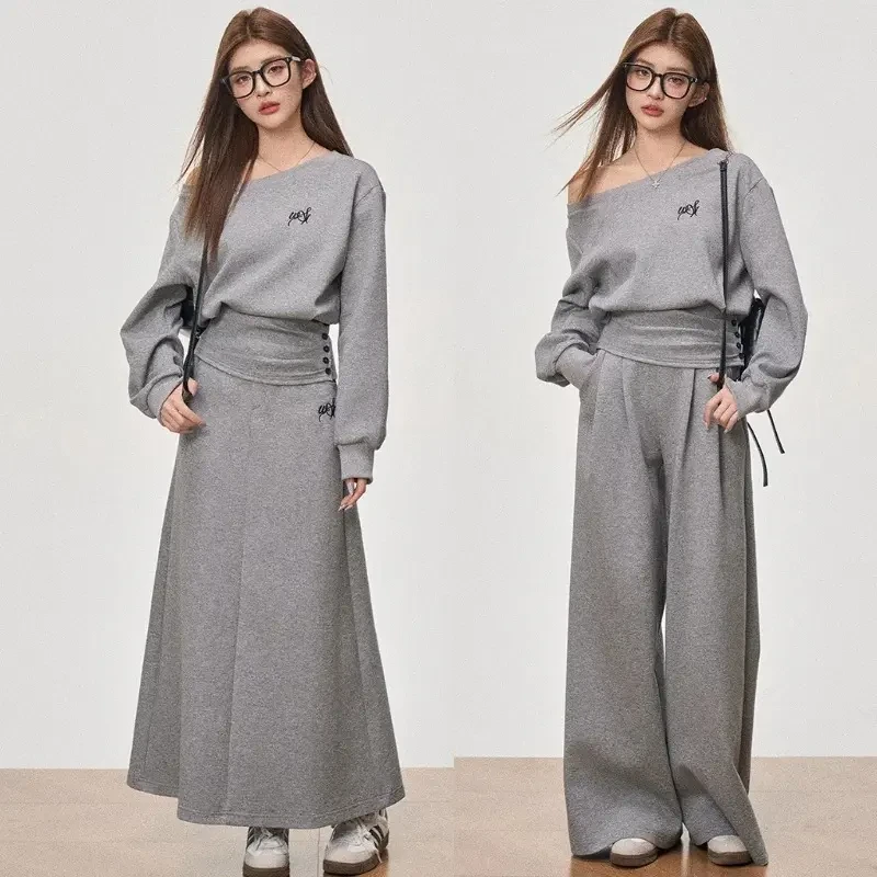韩系氛围感潮流灰色运动时尚两件套休闲收腰通勤上衣裤子收腰斜肩