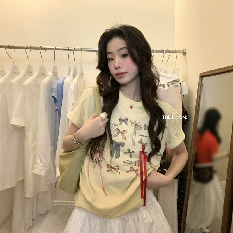 蝴蝶结温柔黄色少女感宽松印花短袖T恤2025夏季甜美设计感上衣女