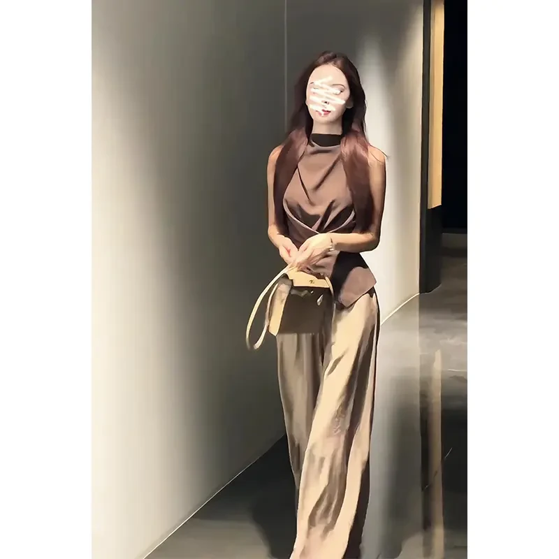 财阀千金女装法式收腰设计感褶皱无袖上衣气质高腰显瘦阔腿长裤