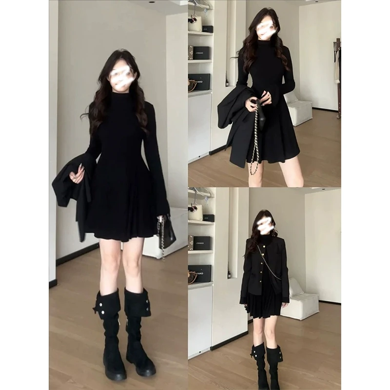 黑色打底连衣裙2025年新款早春赫本风小黑裙子掐腰喇叭袖温柔春装
