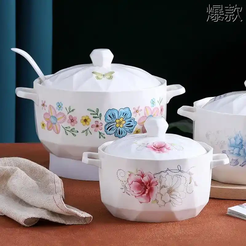 陶瓷双耳大汤碗带盖耐高温大汤窝厨房家用品锅大号汤盆餐具