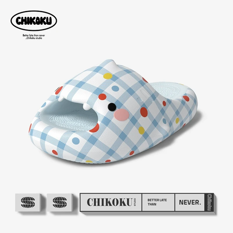 chikoku3.5cm厚底可爱小萌鲨蓝格女夏抗菌浴室软底防滑凉拖鞋男