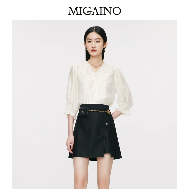 Migaino曼娅奴莱赛尔衬衫女春季新款气质V领木耳边别致上衣