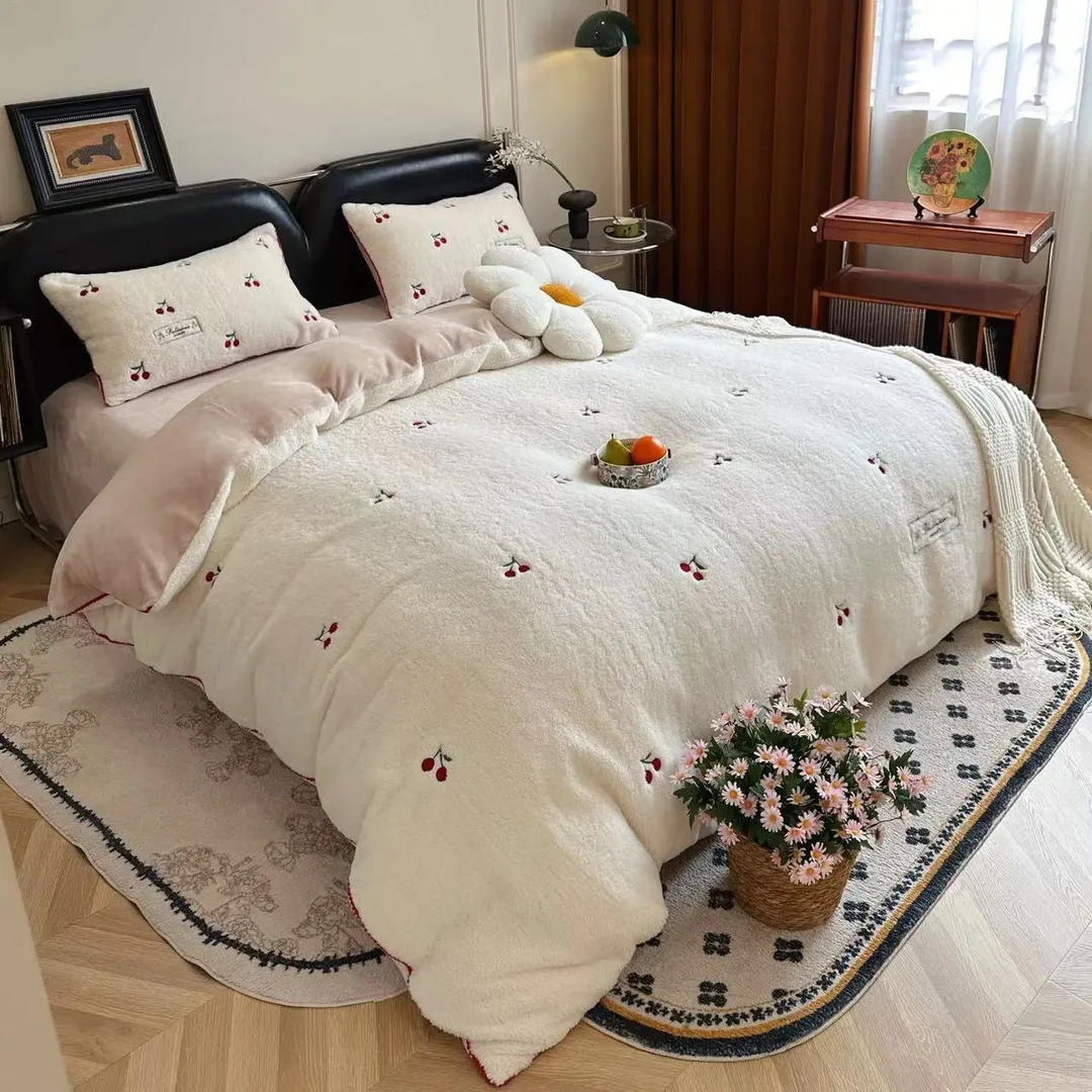 沐可 透气冬季床品加厚绵羊绒可爱软萌四件套绒毛毯印花轻奢牛奶