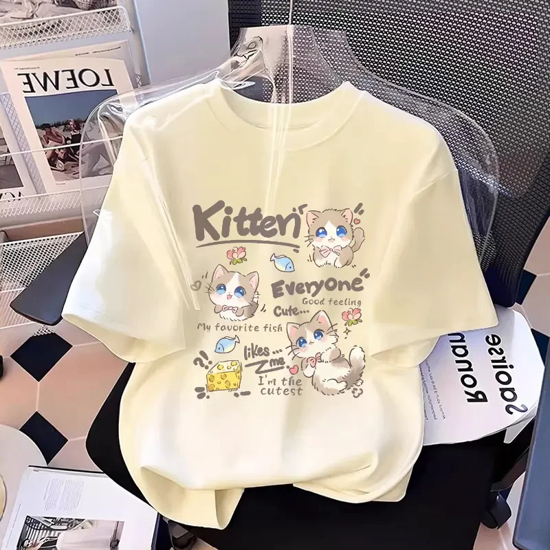 杏色男女童短袖t恤纯棉2025新款中大童夏季卡通可爱猫咪宽松上衣