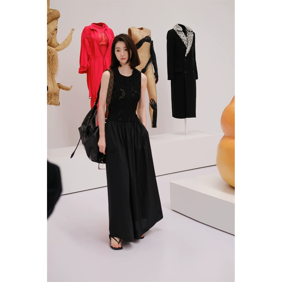 cunblvd常存  镂空剪花 针织拼接大裙摆随性慵懒A字连衣裙女长裙