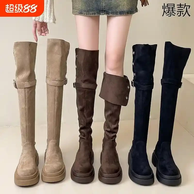 过膝靴子女长筒靴2025新款秋冬小个子厚底弹力骑士靴高跟黑色棕色