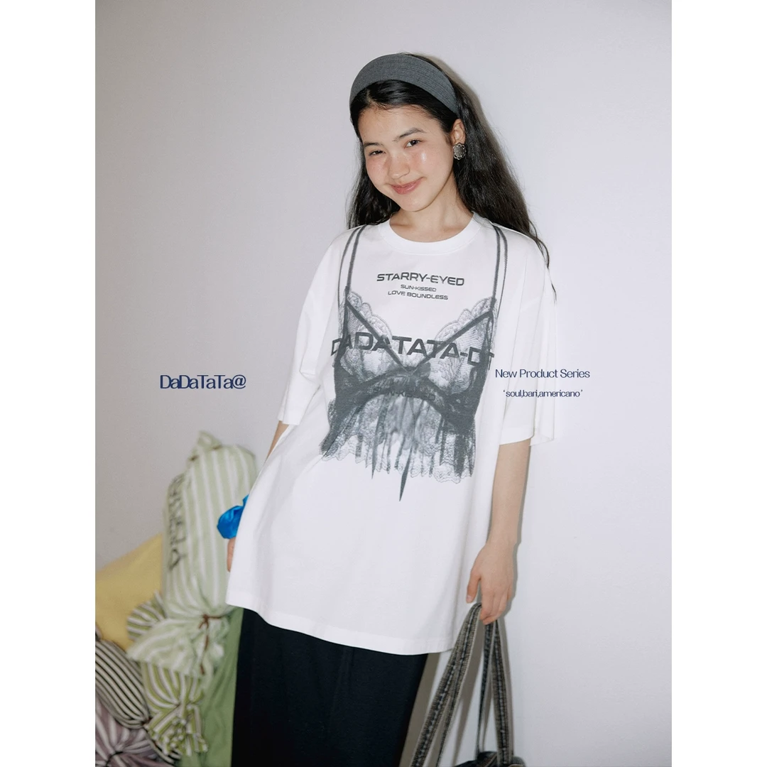 DADATATA晶咕白标【蝶影随行】撞色印花短袖T恤女夏季美式休闲上衣