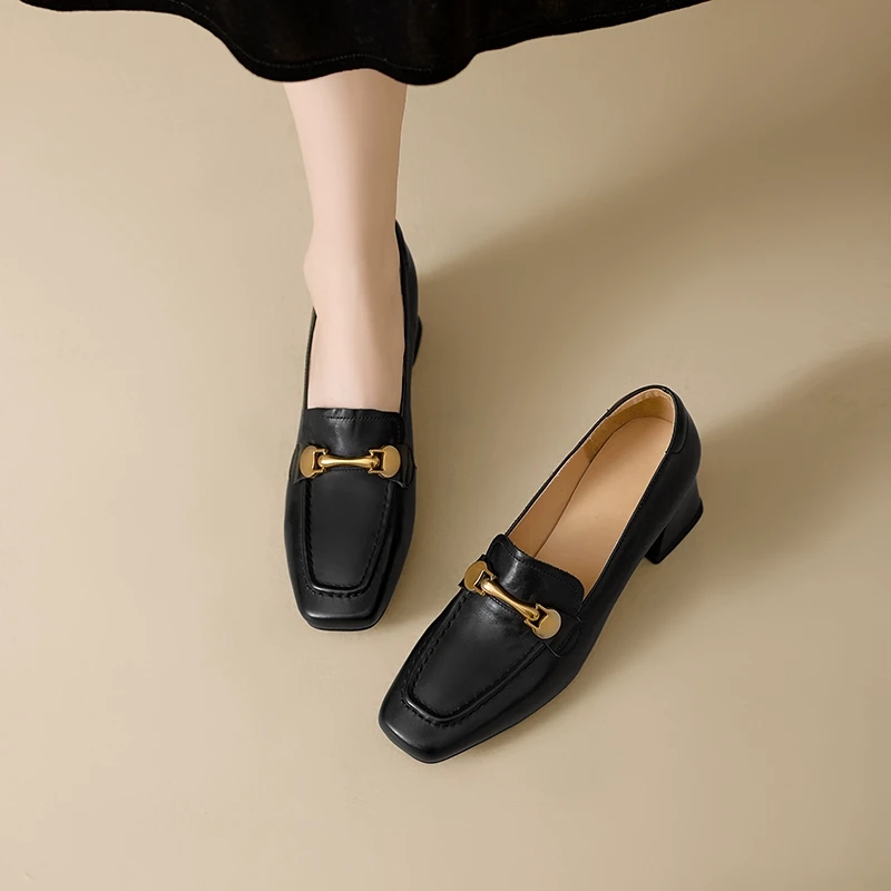 5cm 百搭休闲真皮乐福鞋法式复古粗跟高跟小皮鞋春秋新款深口单鞋