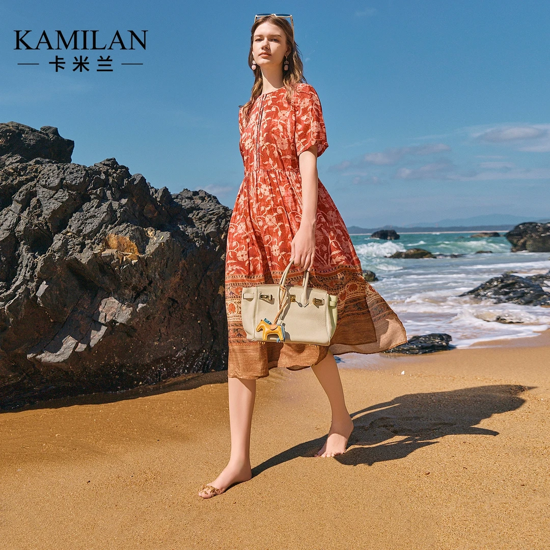 [100桑蚕丝]卡米兰印花沙滩真丝连衣裙女2025夏季中长款减龄裙子