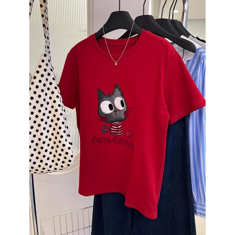 韩系慵懒风棉质短袖T恤女2025春秋季新款oversize正肩刺绣上衣服