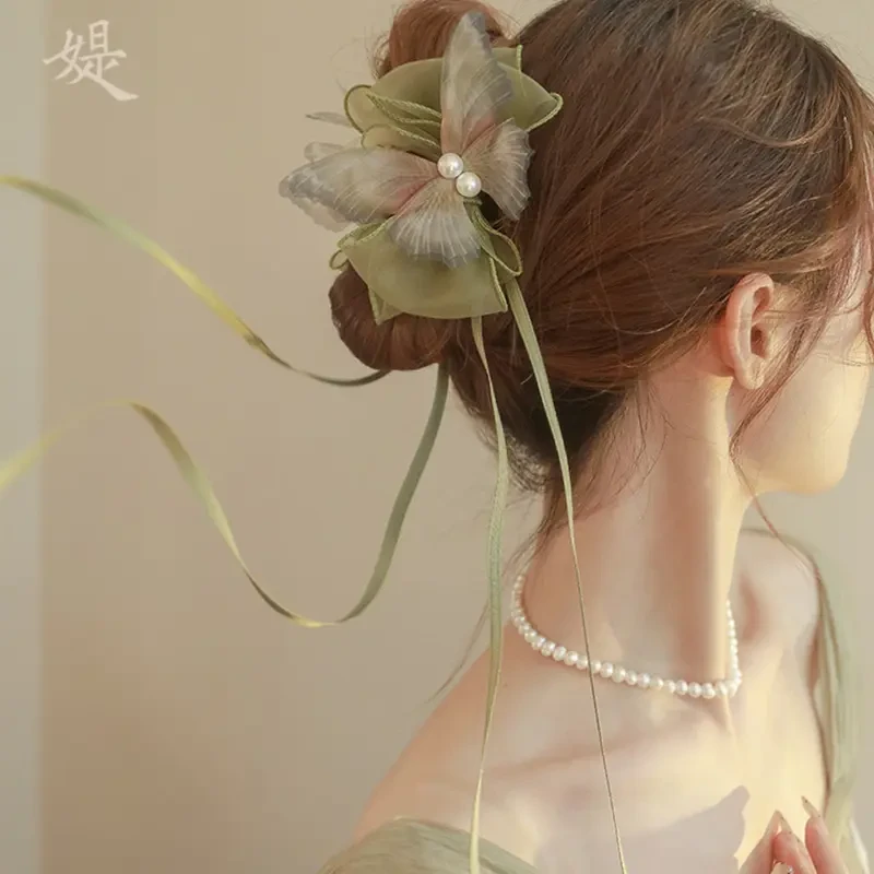 首闻超仙新中式国风飘带盘发器女新款珍珠高级蝴蝶结盘发夹复古