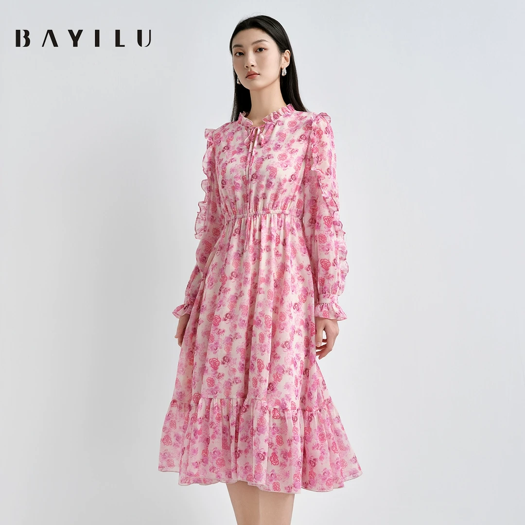 【大梦】芭依璐2025春季碎花连衣裙女印花木耳边长裙91L7616