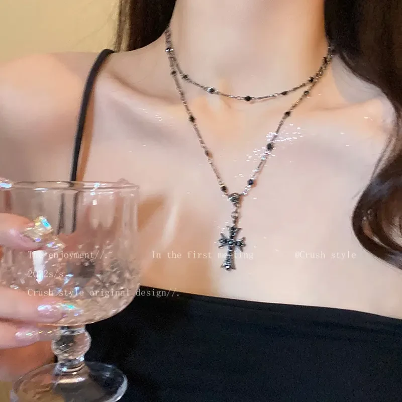 合金项链 合金项链暗黑锆十字架串珠项链长款双层叠戴脖颈链风百