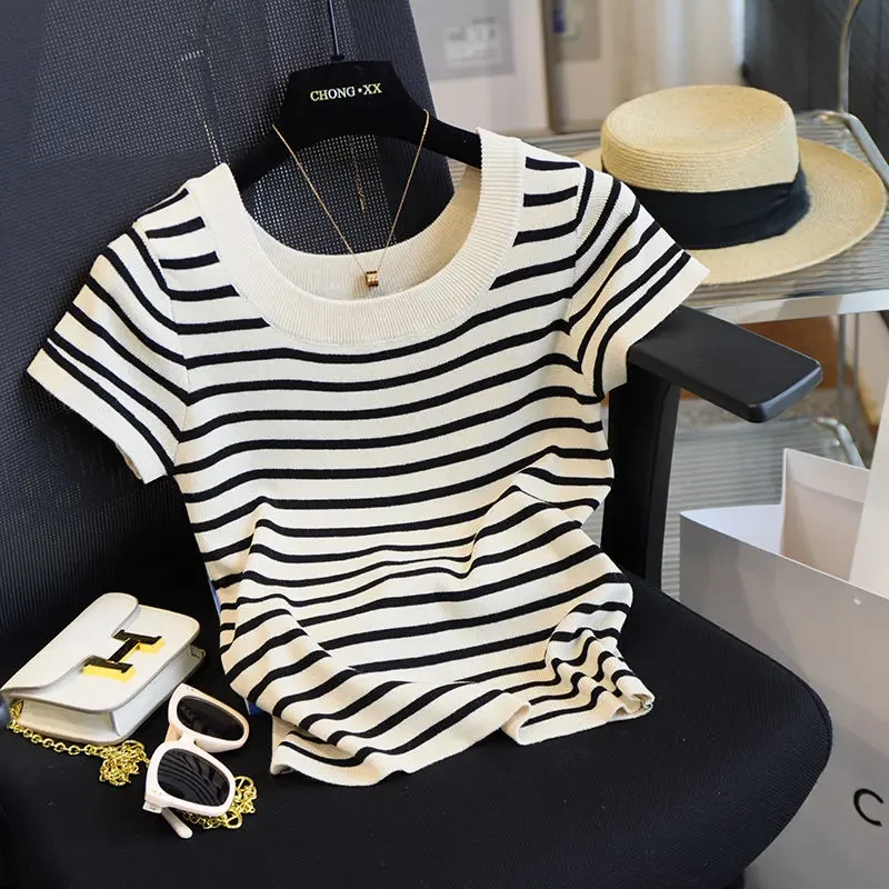 韩版法式U领条纹冰丝短袖针织T恤时尚修身显瘦短款大码上衣2112